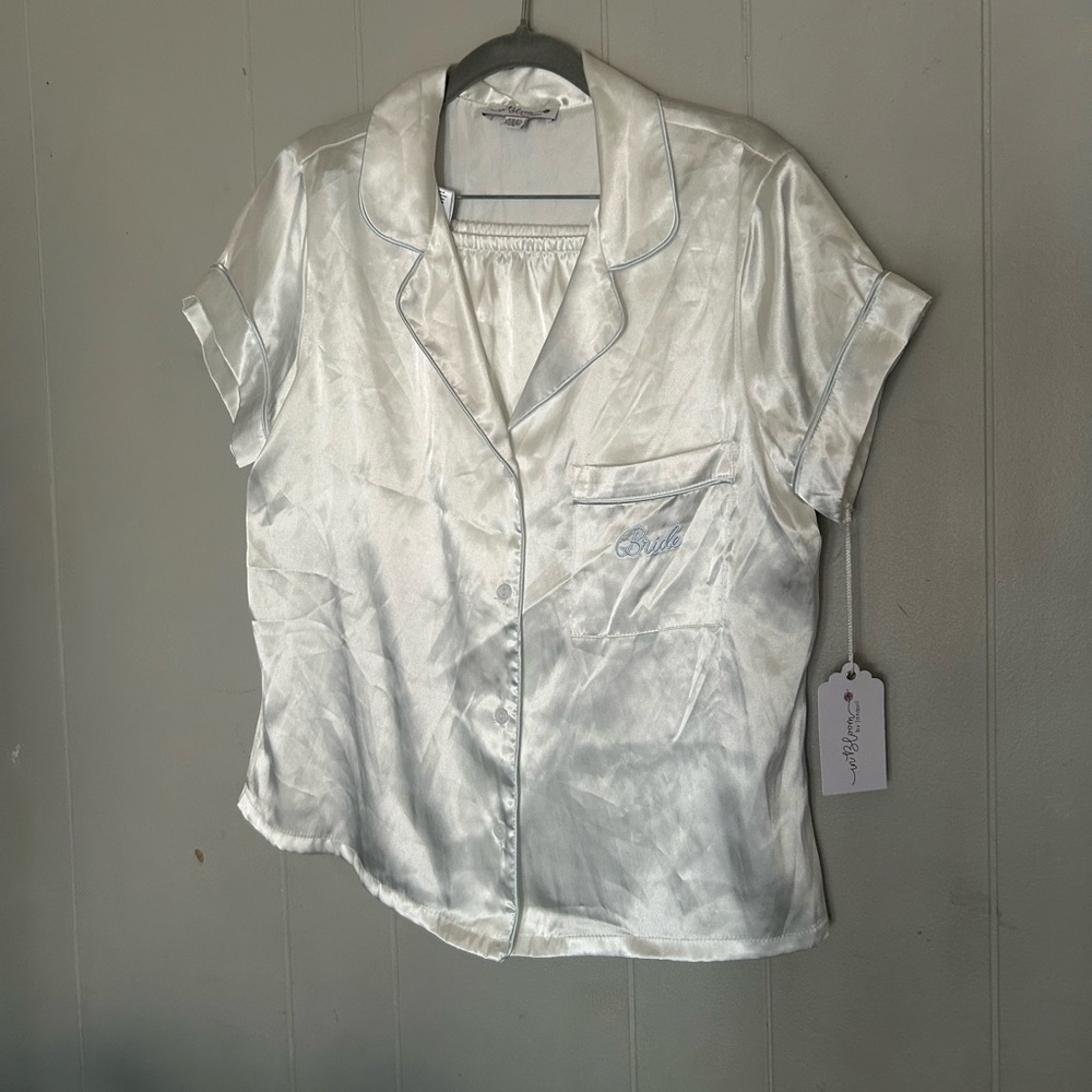In Bloom by Jonquil Ivory Satin Bride Pajama Set L Bridal Button Up Top & Short